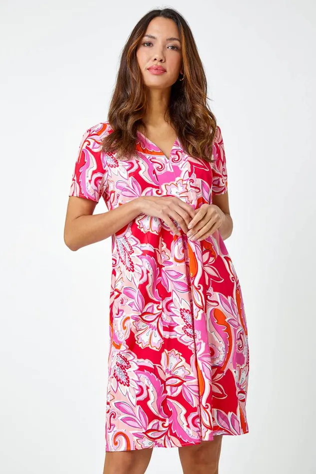 Women Pink Baroque Floral Pocket Tunic Dress Roman Dresses