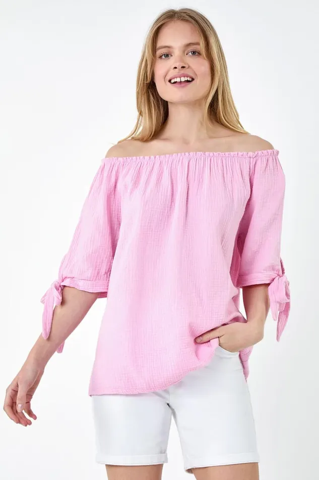 Women Pink Cotton Blend Tie Detail Bardot Top Roman Tops