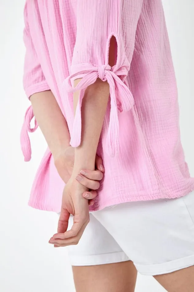 Women Pink Cotton Blend Tie Detail Bardot Top Roman Tops