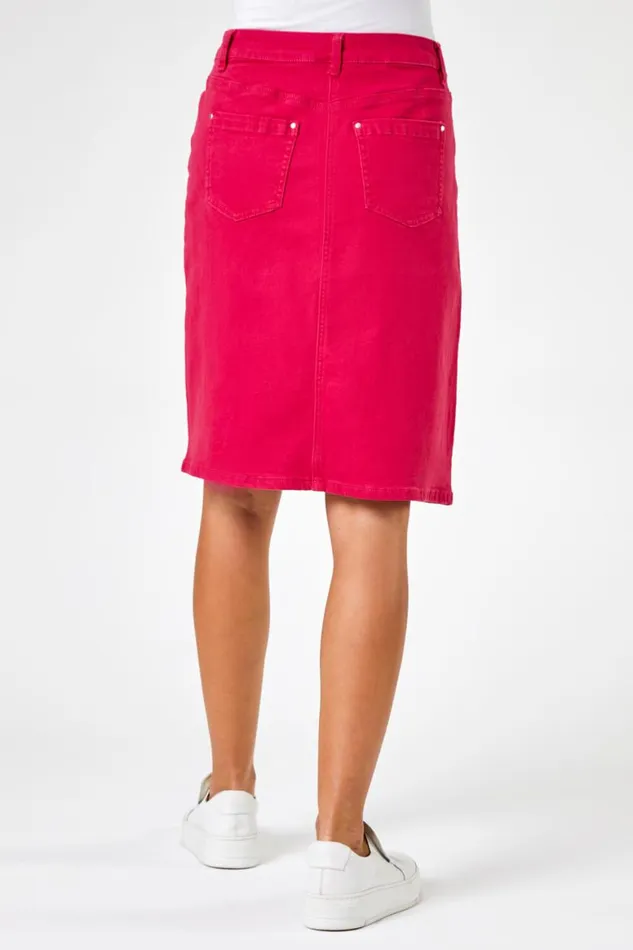Women Pink Cotton Denim Stretch A Line Skirt Roman Skirts