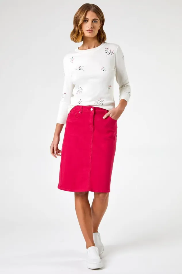 Women Pink Cotton Denim Stretch A Line Skirt Roman Skirts