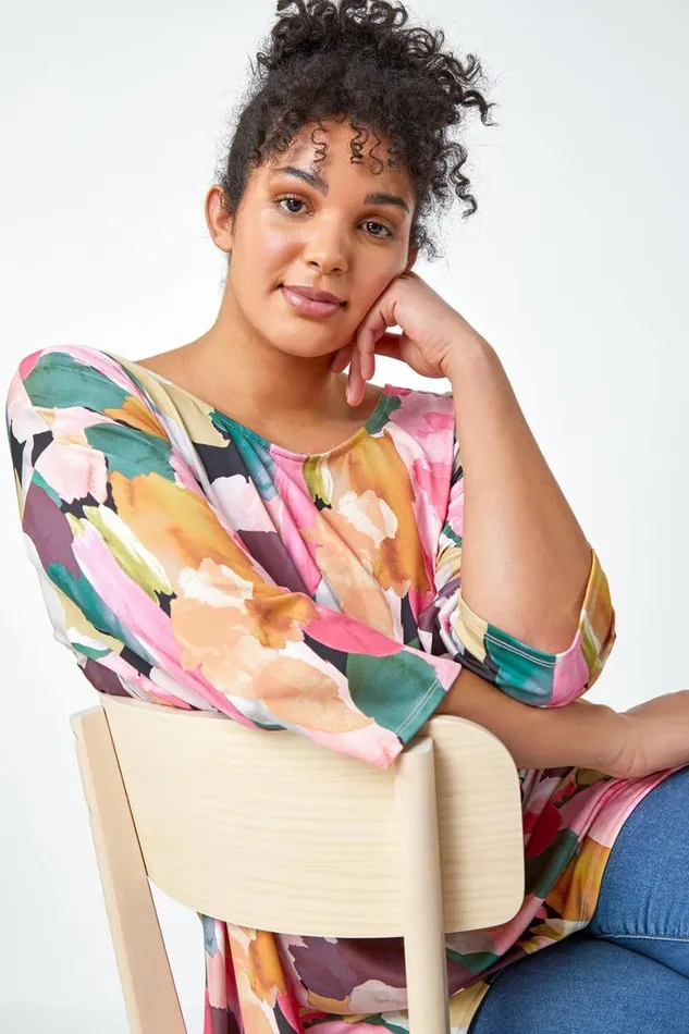 Women Pink Curve Abstract Bar Back Stretch Top Roman Tops