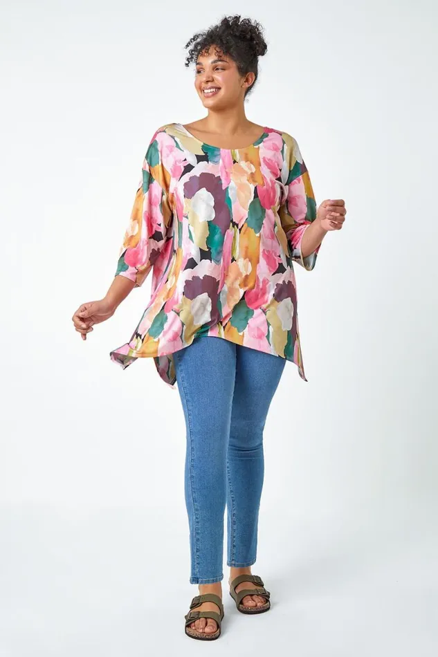 Women Pink Curve Abstract Bar Back Stretch Top Roman Tops