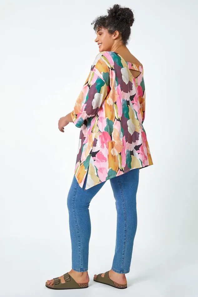 Women Pink Curve Abstract Bar Back Stretch Top Roman Tops