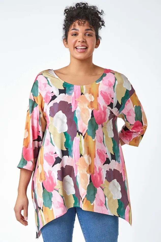 Women Pink Curve Abstract Bar Back Stretch Top Roman Tops