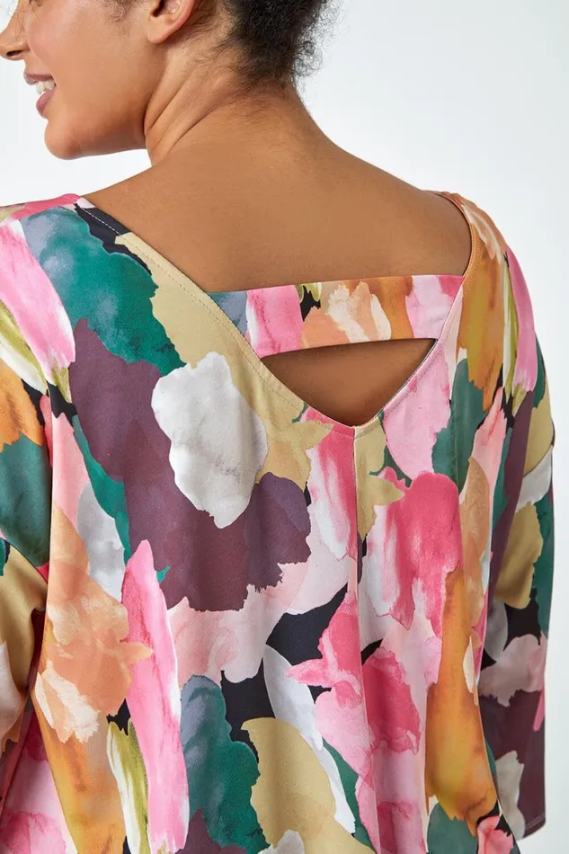 Women Pink Curve Abstract Bar Back Stretch Top Roman Tops