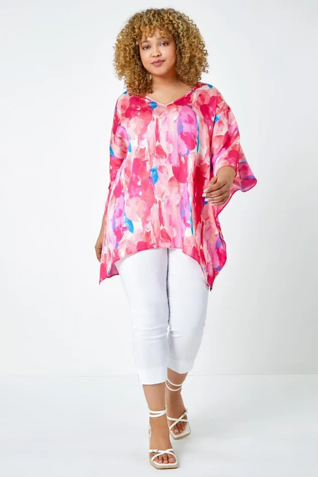 Women Pink Curve Abstract Print Relaxed VNeck Top Roman Tops