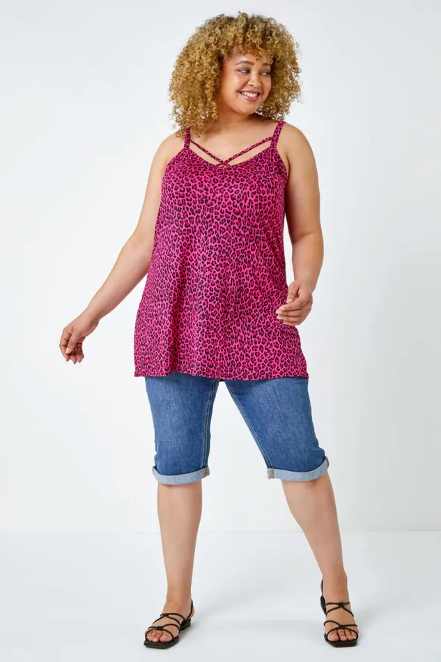 Women Pink Curve Animal Print Cross Strap VNeck Cami Roman Tops