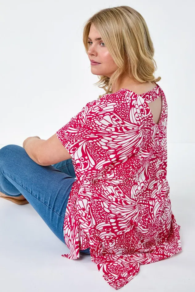 Women Pink Curve Butterfly Bar Back VNeck Stretch Top Roman Tops