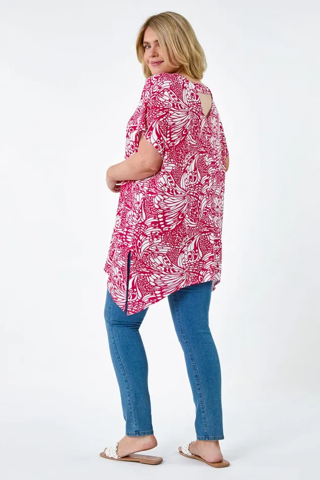 Women Pink Curve Butterfly Bar Back VNeck Stretch Top Roman Tops