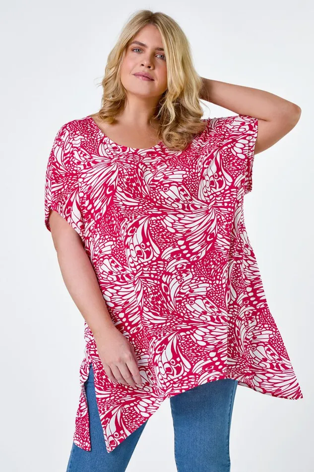 Women Pink Curve Butterfly Bar Back VNeck Stretch Top Roman Tops