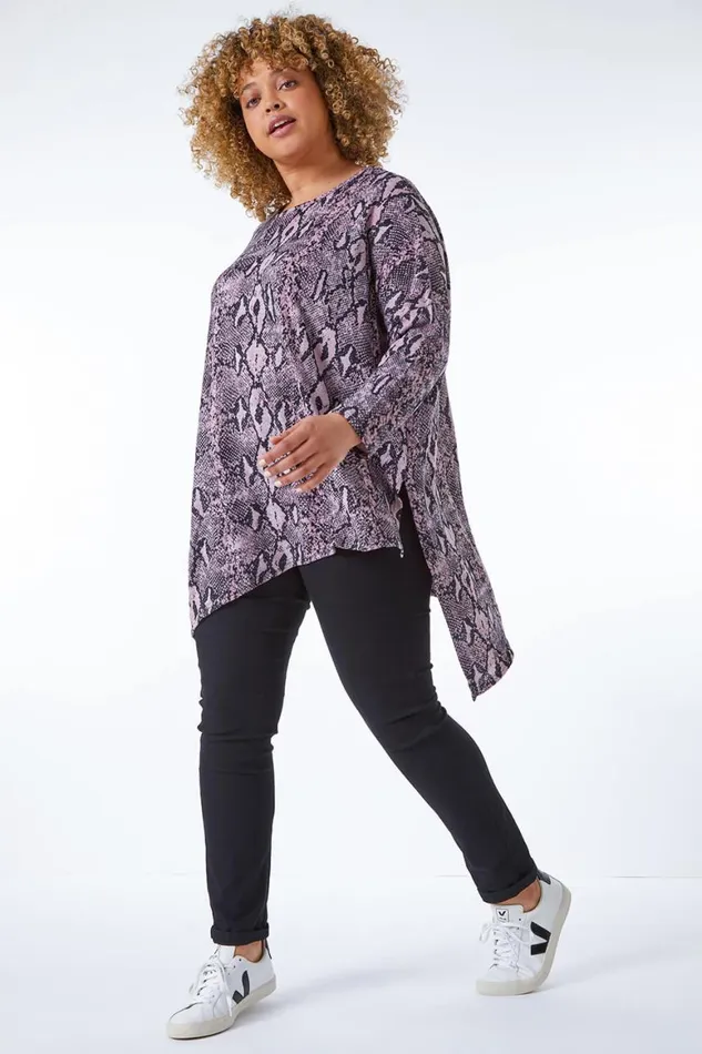 Women Pink Curve Snake Print Hanky Hem Tunic Top Roman Tops