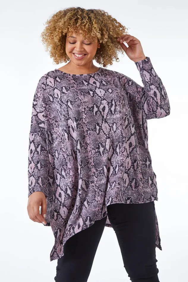 Women Pink Curve Snake Print Hanky Hem Tunic Top Roman Tops