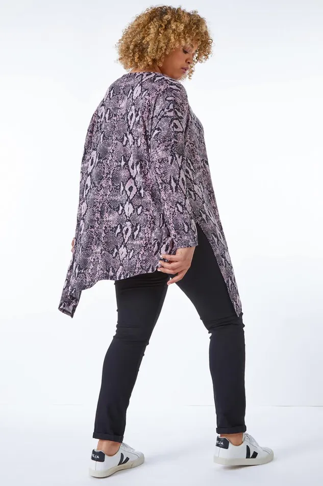 Women Pink Curve Snake Print Hanky Hem Tunic Top Roman Tops