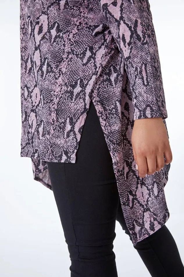 Women Pink Curve Snake Print Hanky Hem Tunic Top Roman Tops