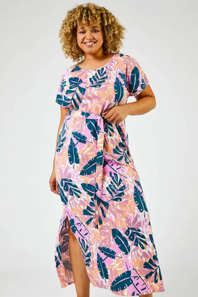 Women Pink Curve Tropical Leaf Print Maxi Dress Roman Dresses