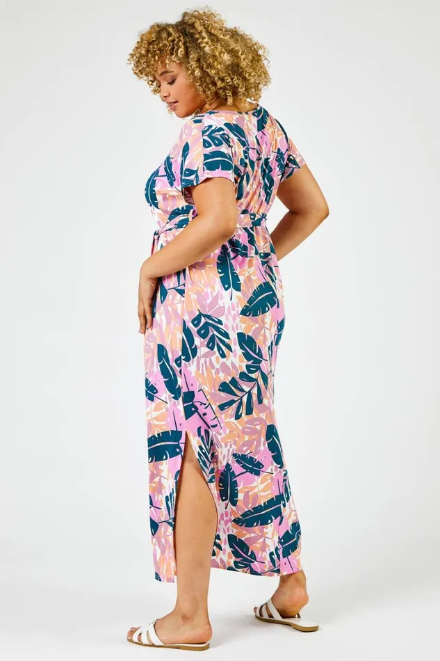 Women Pink Curve Tropical Leaf Print Maxi Dress Roman Dresses