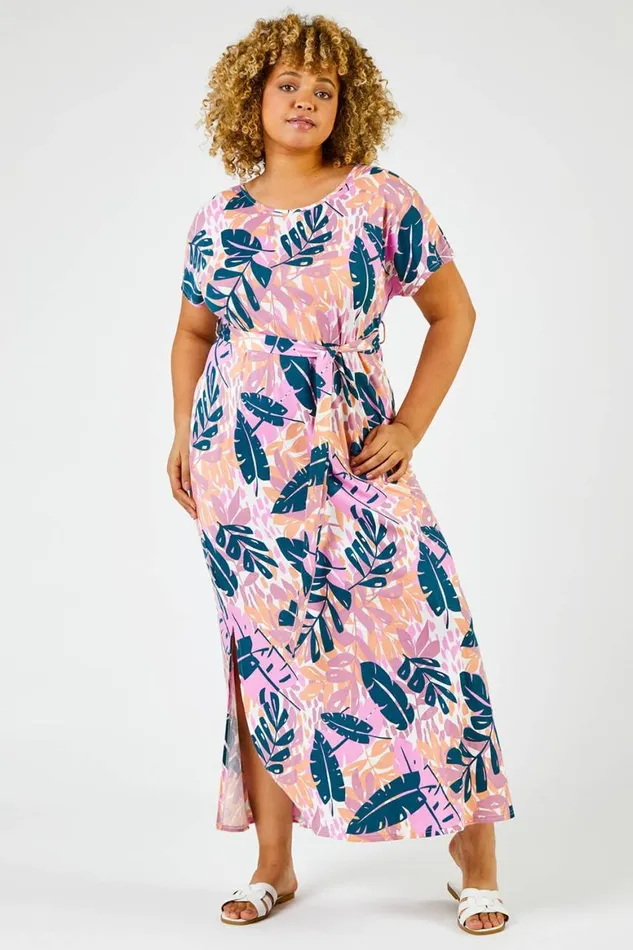 Women Pink Curve Tropical Leaf Print Maxi Dress Roman Dresses