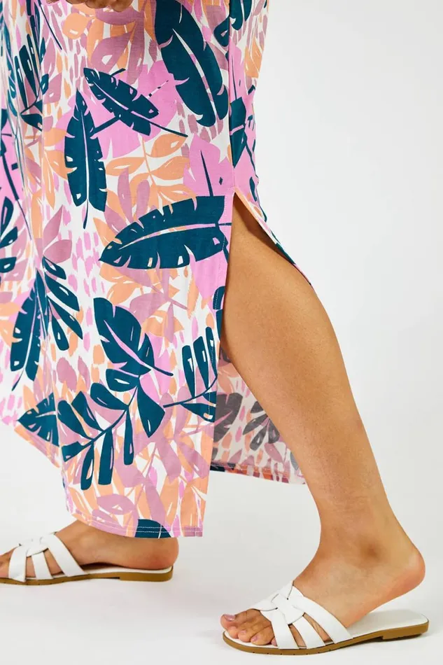 Women Pink Curve Tropical Leaf Print Maxi Dress Roman Dresses