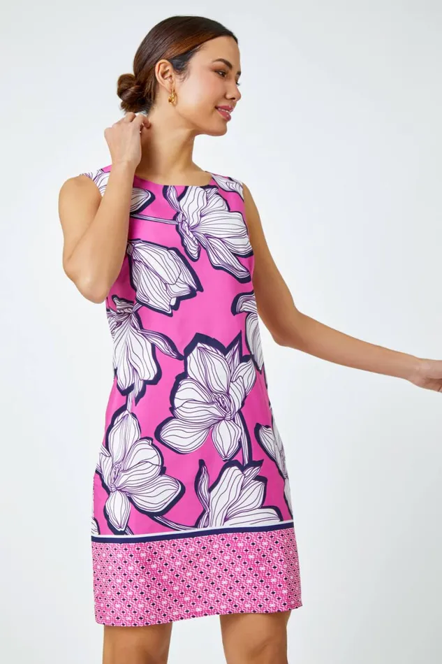 Women Pink Floral Border Print Shift Dress Roman Dresses
