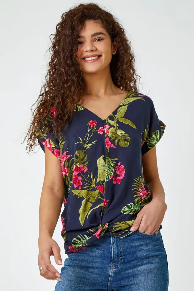 Women Pink Floral Palm Print VNeck Twist Top Roman Tops