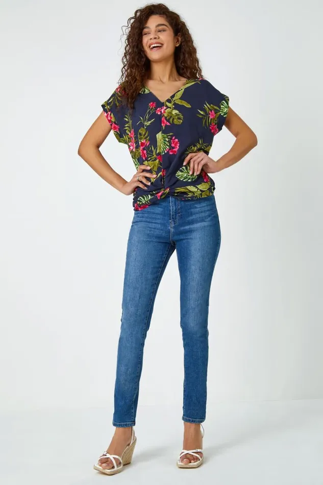 Women Pink Floral Palm Print VNeck Twist Top Roman Tops