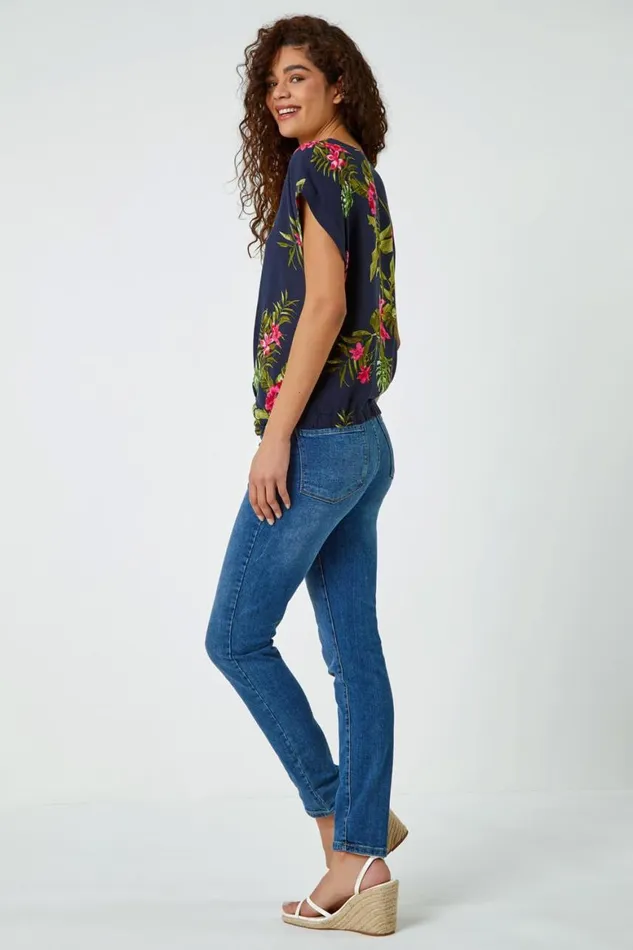 Women Pink Floral Palm Print VNeck Twist Top Roman Tops
