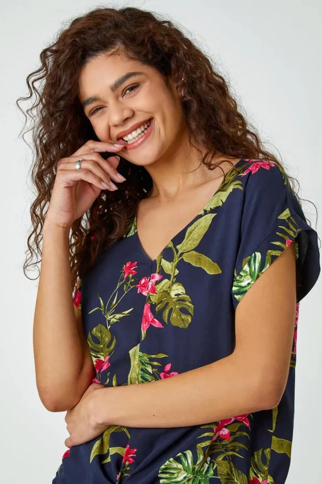 Women Pink Floral Palm Print VNeck Twist Top Roman Tops