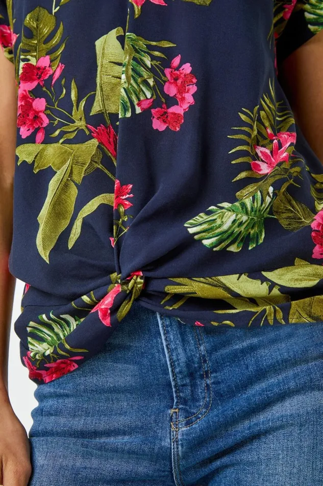 Women Pink Floral Palm Print VNeck Twist Top Roman Tops