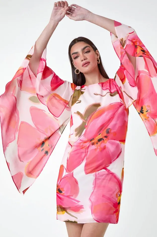 Women Pink Floral Print Chiffon Cape Dress Roman Dresses