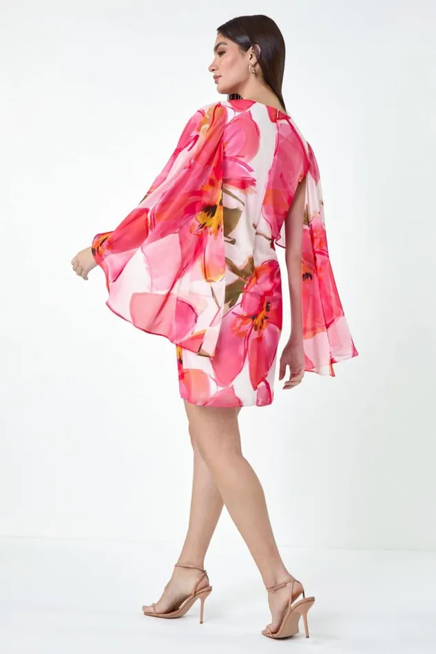 Women Pink Floral Print Chiffon Cape Dress Roman Dresses