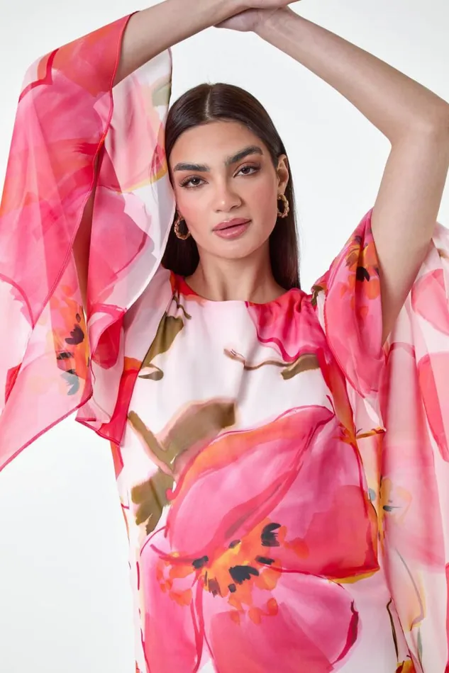 Women Pink Floral Print Chiffon Cape Dress Roman Dresses
