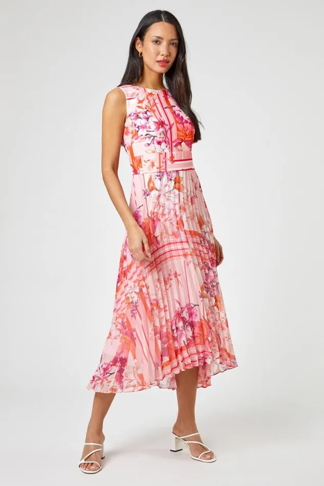 Women Pink Floral Print Fit And Flare Pleated Dress Roman Dresses