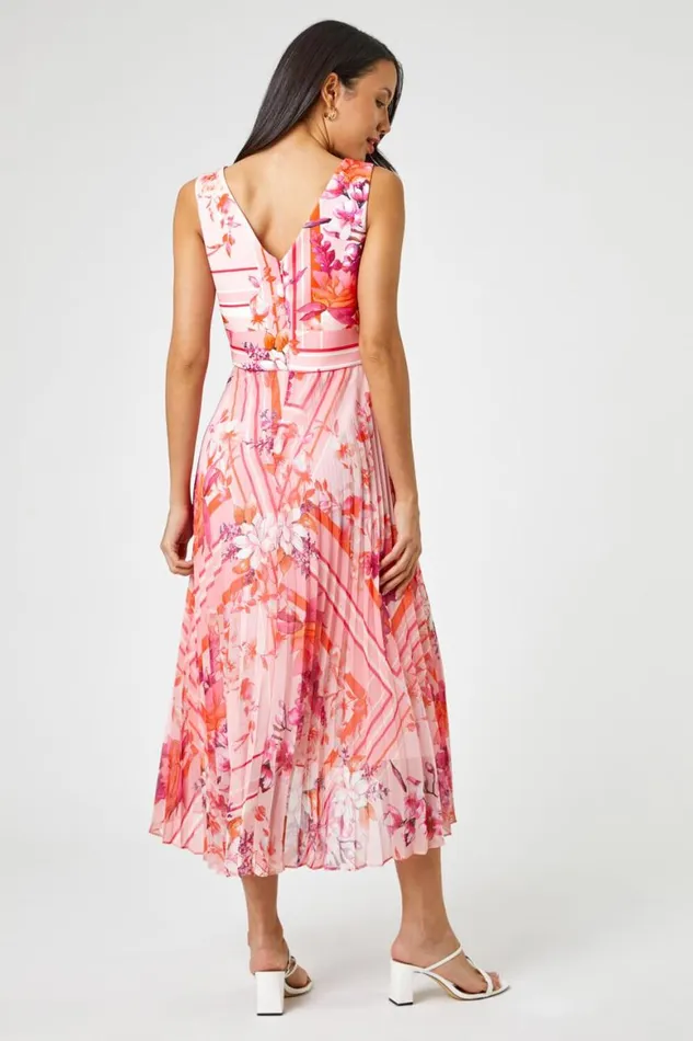 Women Pink Floral Print Fit And Flare Pleated Dress Roman Dresses
