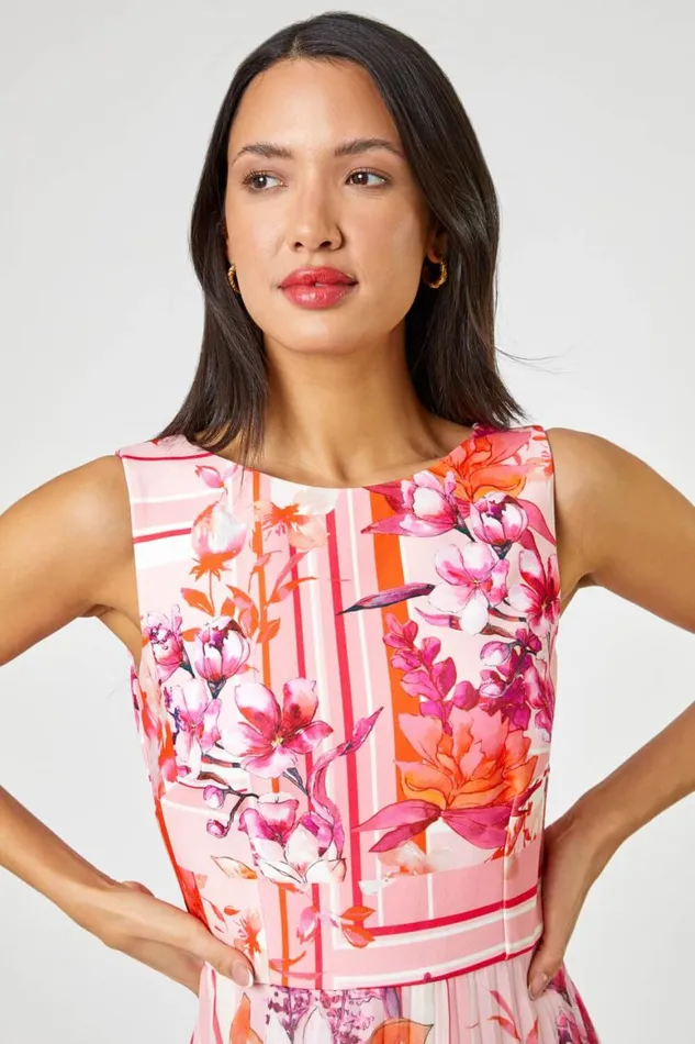 Women Pink Floral Print Fit And Flare Pleated Dress Roman Dresses