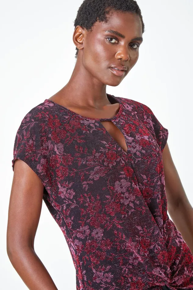 Women Pink Floral Shimmer Print Knot VNeck Stretch Top Roman Tops