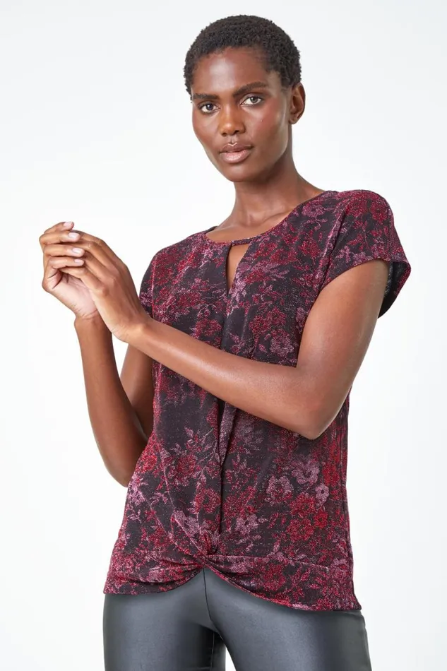 Women Pink Floral Shimmer Print Knot VNeck Stretch Top Roman Tops