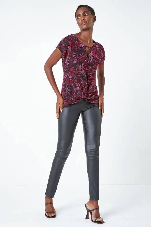 Women Pink Floral Shimmer Print Knot VNeck Stretch Top Roman Tops