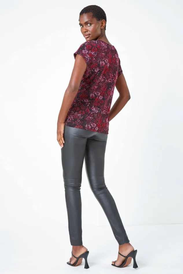 Women Pink Floral Shimmer Print Knot VNeck Stretch Top Roman Tops