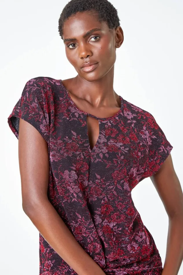 Women Pink Floral Shimmer Print Knot VNeck Stretch Top Roman Tops