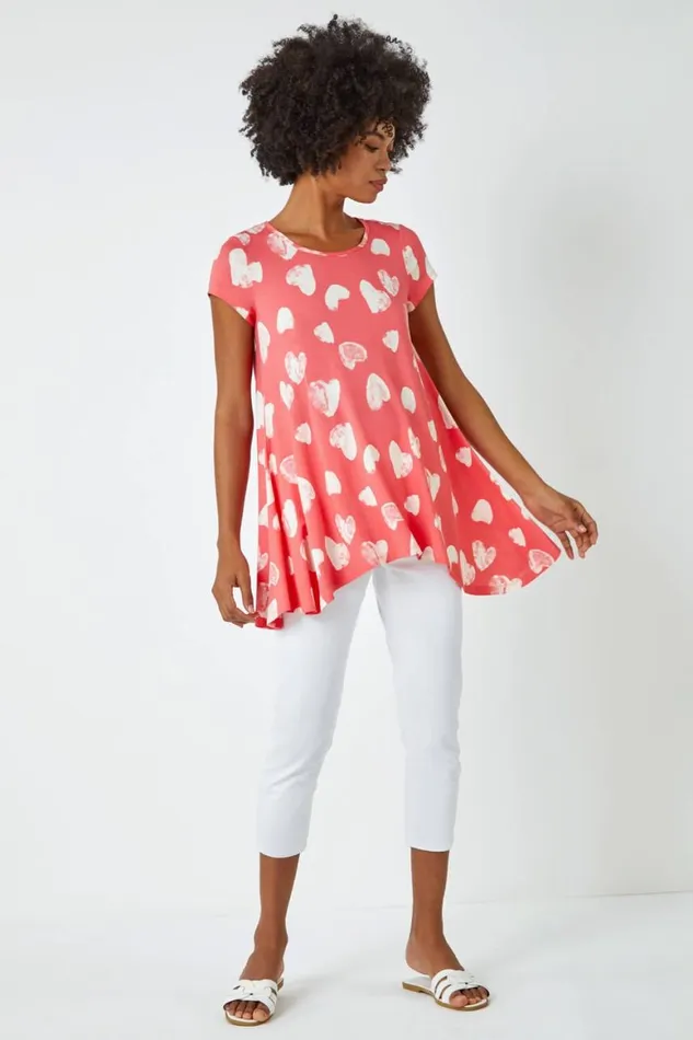 Women Pink Heart Print Hanky Hem Tunic Top Roman Tops