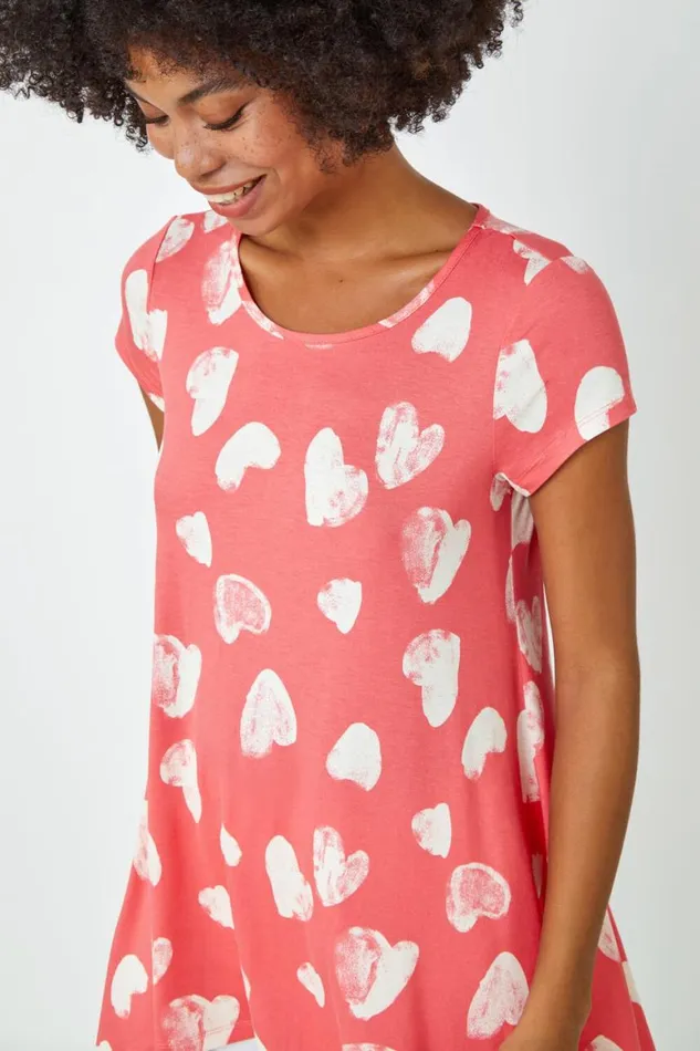 Women Pink Heart Print Hanky Hem Tunic Top Roman Tops
