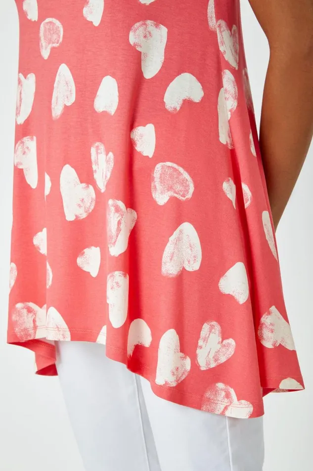 Women Pink Heart Print Hanky Hem Tunic Top Roman Tops