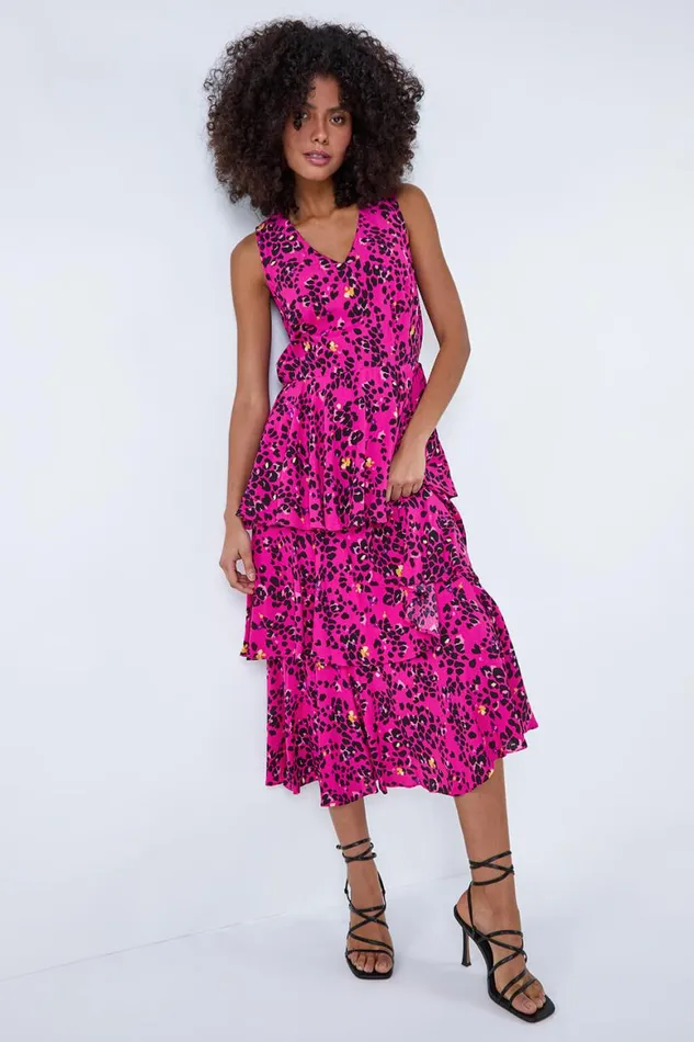 Women Pink Leopard Print Tiered Midi Dress Roman Dresses