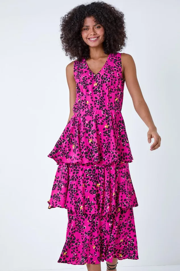 Women Pink Leopard Print Tiered Midi Dress Roman Dresses