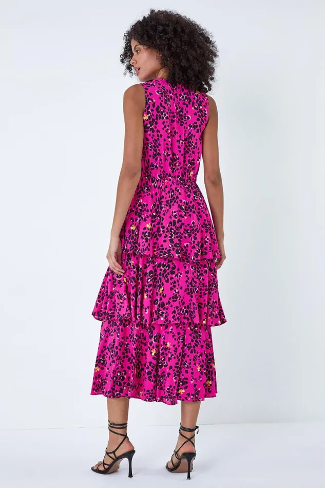 Women Pink Leopard Print Tiered Midi Dress Roman Dresses