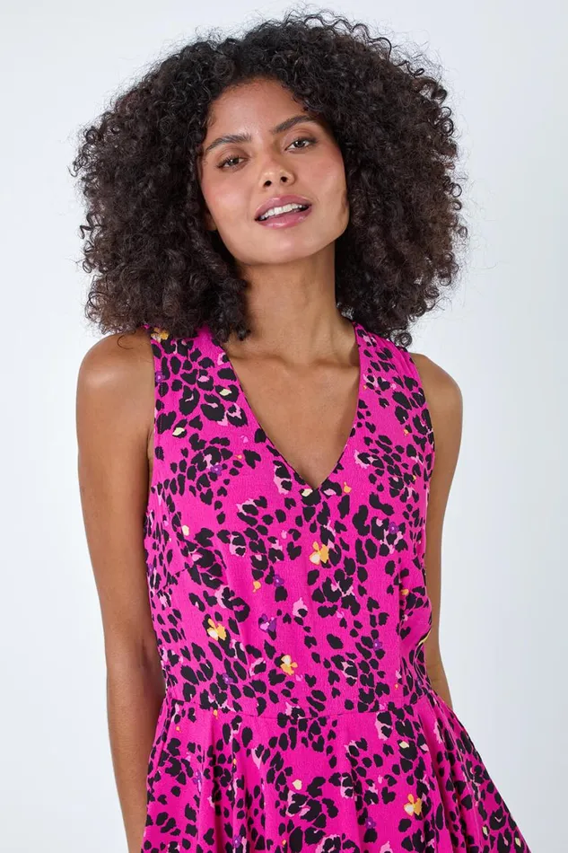 Women Pink Leopard Print Tiered Midi Dress Roman Dresses