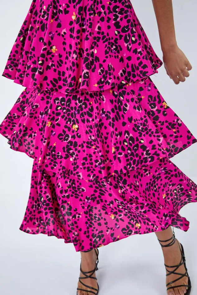 Women Pink Leopard Print Tiered Midi Dress Roman Dresses