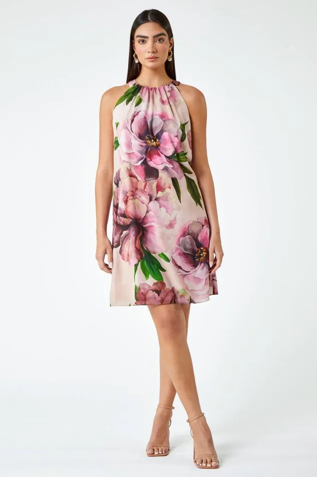 Women Pink LIMITED Floral Halterneck Shift Dress Roman Dresses