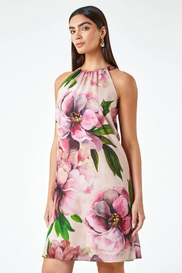 Women Pink LIMITED Floral Halterneck Shift Dress Roman Dresses